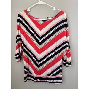 Y2k APT 9 Women's Multi Color Chevron Stripe 3/4 Sleeve Boat Neck Top Size M